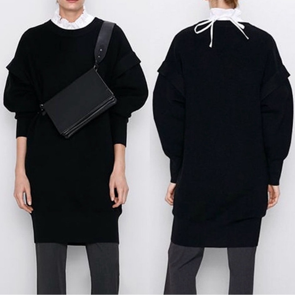 Zara Oversized Wool Blend Knit Sweater Dress Black Size Small S
